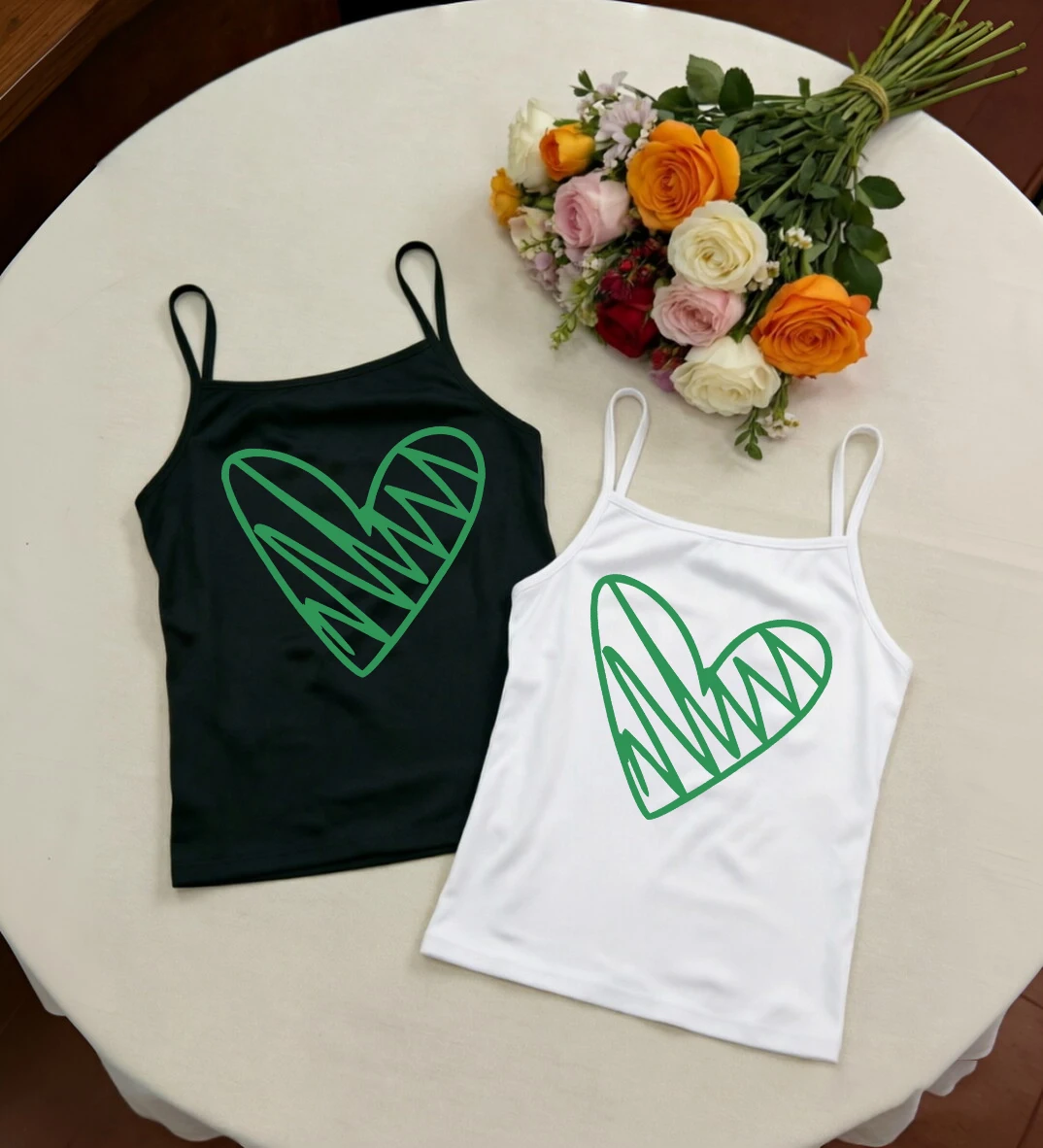 Simple Line Drawing Green Heart Beat Wave Minimal Print Women Camisole Sleeveless Dating Daily Casual Outfit Top