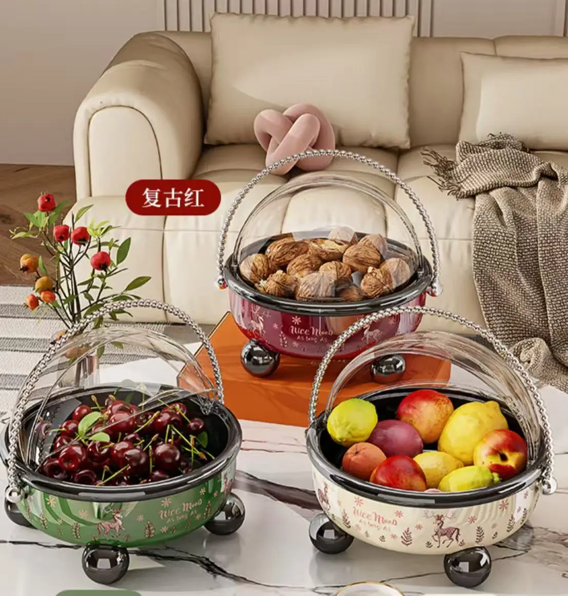 Christmas Elk Handheld Fruit Basket with Lid,Double layered Dripping and Dustproof Fruit Plate,Snack and Dried Fruit Storage Box