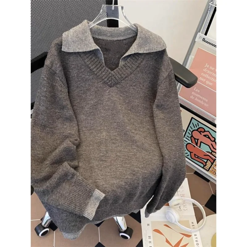 Women Lapel V Neck Knit Sweater Solid Color Loose Long Sleeve Preppy Style Casual Pullover Jumper