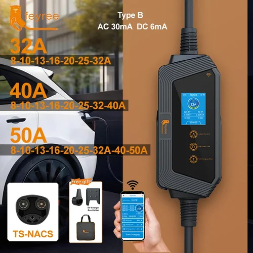 Feyree 휴대용 EV 충전기 TS-NACS 커넥터, 스마트 앱 와이파이 포함, 모든 테슬라 모델용 고출력 EV 월박스, 32A, 최대 50A, 12KW