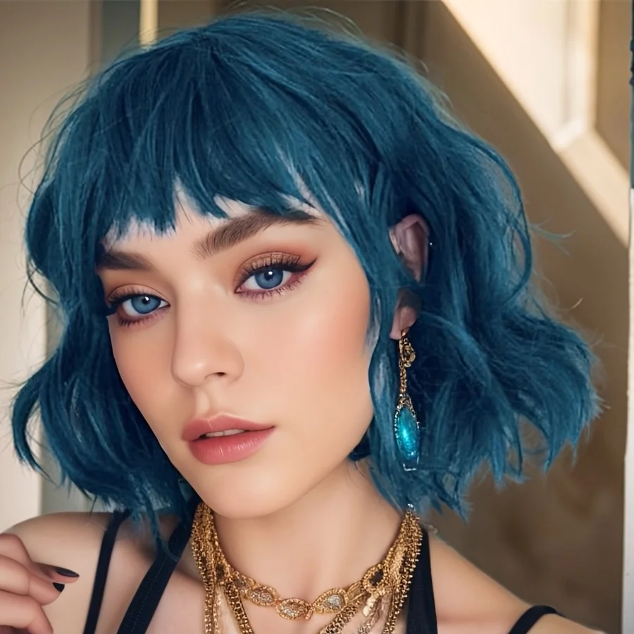 Natural Blue Short Curly Wig for Women - Shoulder Length Wavy Bob with Bangs | Synthetic Heat-Resistant Hair