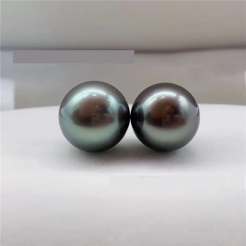 

AAA 11-12mm Round Tahitian Seawater Black Peacock Pearl Pair Loose Fine Lustrous Beads for DIY Stud Earrings