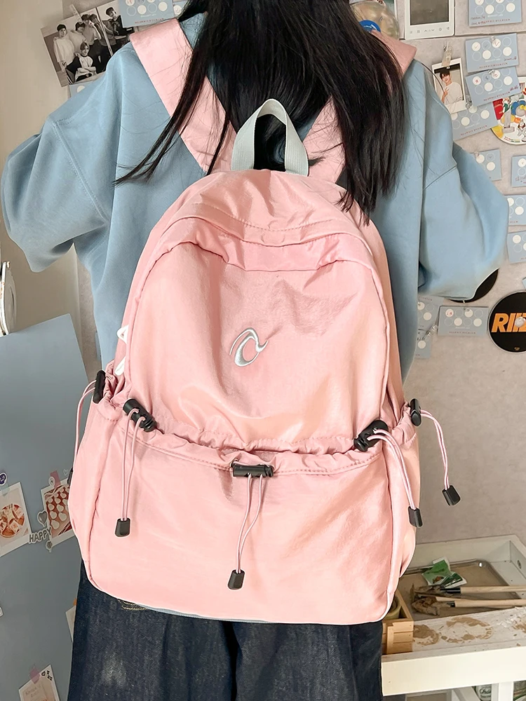 Light backpack solid color nylon pleated drawstring backpack female large-capacity student leisure laptop bag