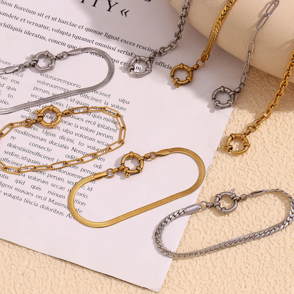 E.B.belle Slingshot Buckle Paper Clip Chain Bracelet 18K Gold Plated Women\'s Hand Bracelets 316L Stainless Steel Jewelry