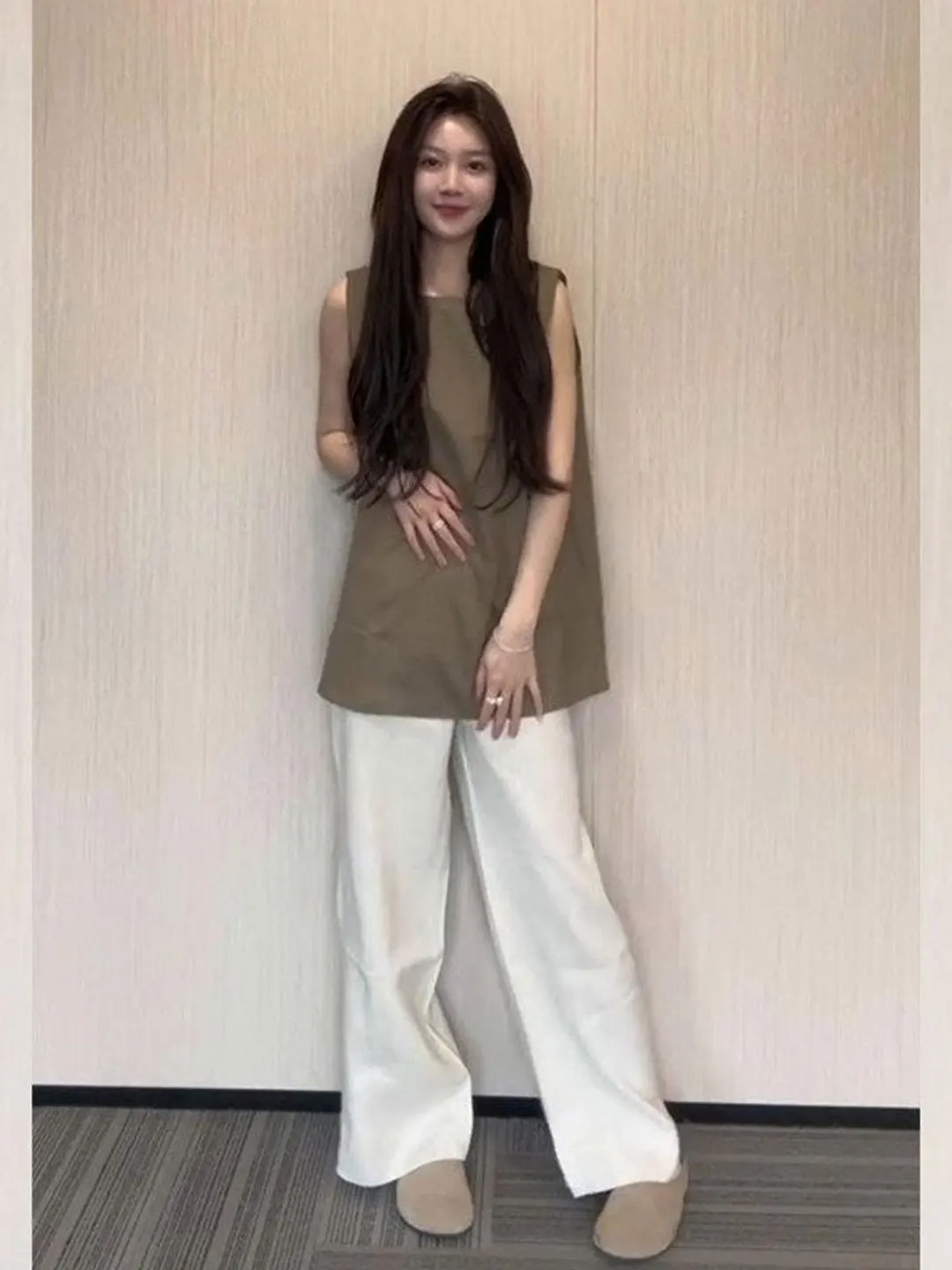 

Summer Fashion Korean Style Coffee Sleeveless Vest And Pants Two-Piece Set High Waist Long Pants round Neck Casual Wear