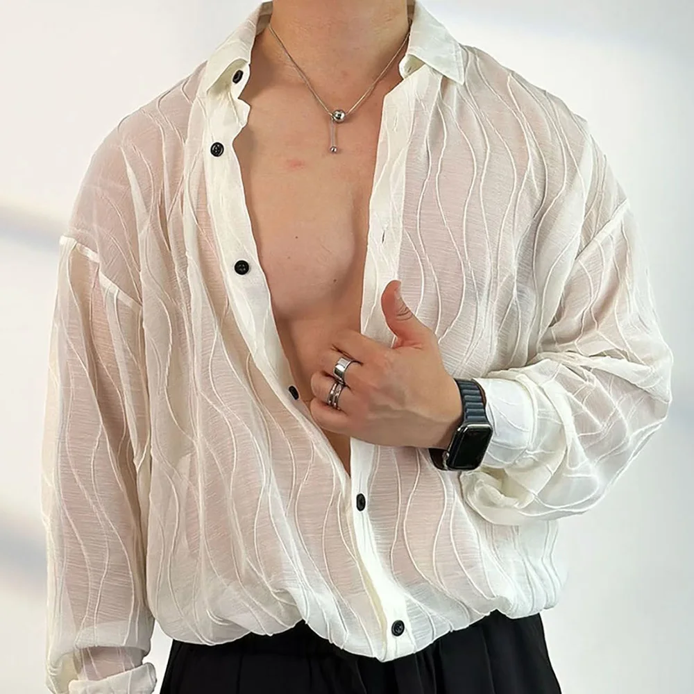 

Мужская тонкая рубашка из прозрачного тюля из вискозы, дышащая Свободная Повседневная Однотонная легкая пляжная рубашка с длинным рукавом, Новинка лета 2024