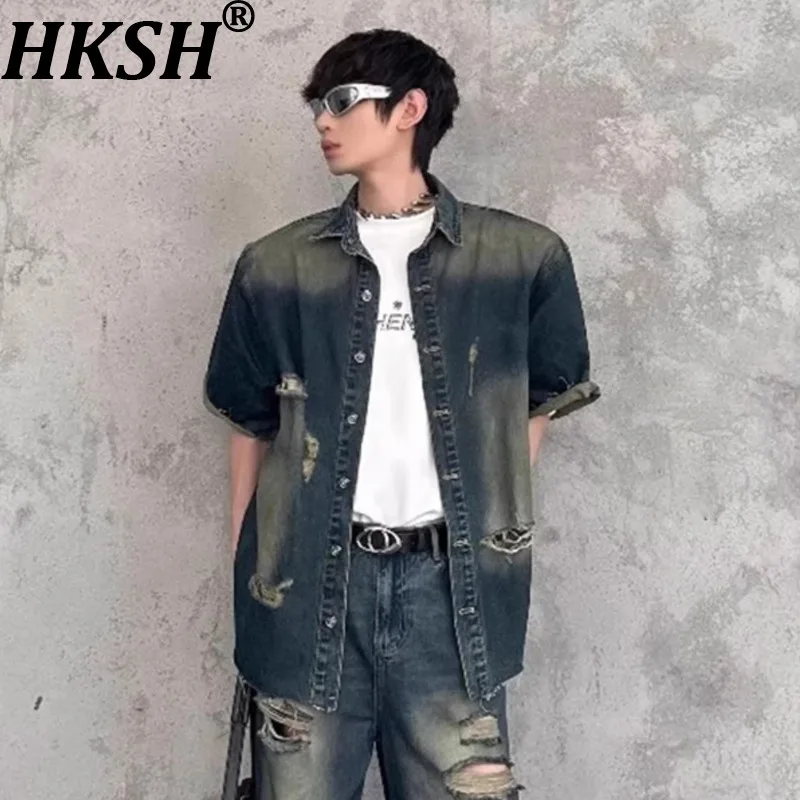 

HKSH Spring Summer New Men Tide Fashion Washed Distressed Shoulder-Padded Denim Shirt Niche High Street Niche Design Top HK21562