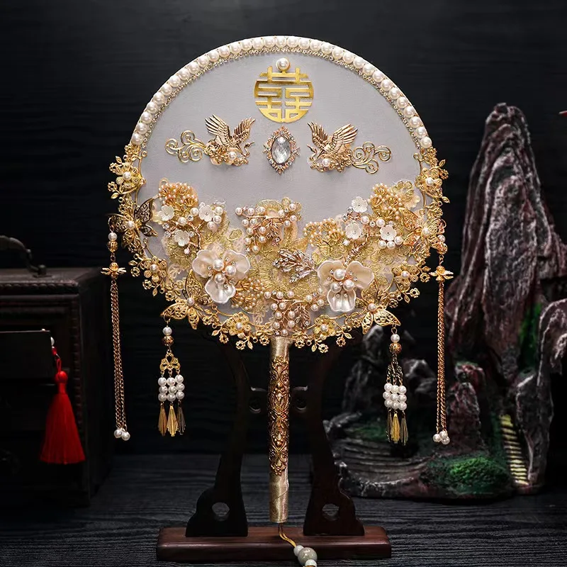 Antique Chinese Bridal Fan Wedding Decoration Hand Hold Flowers Pink Decorative Fan