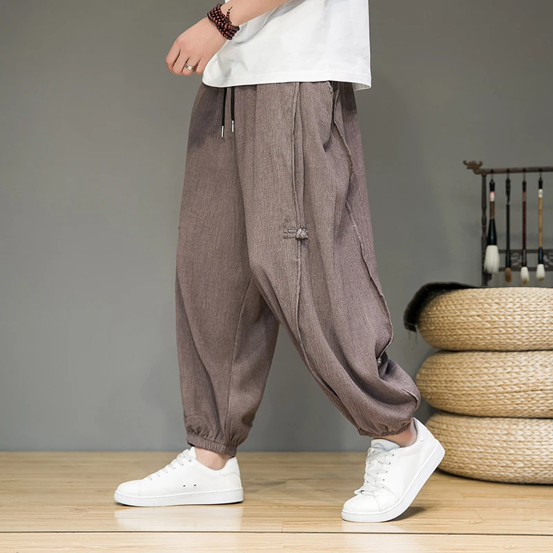 

Тонкие мужские летние шаровары из ледяного шелка, дышащие свободные прямые брюки 5XL, черные мужские брюки с эластичной резинкой на талии