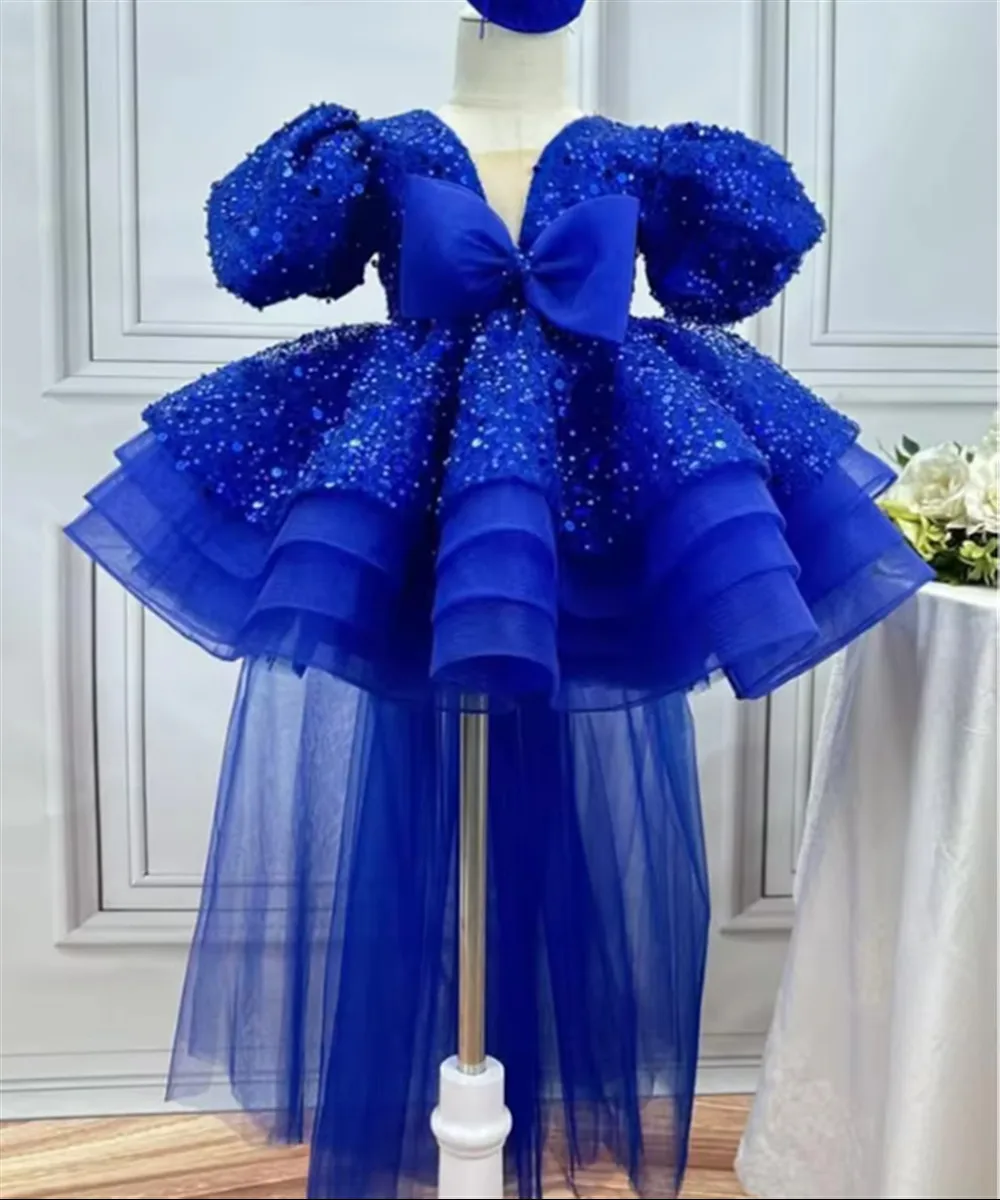 

Customized Luxury Flower Girl Wedding Dress Tiered Sequin Bow Short Sleeve Kids Birthday Party Girls Banquet Holy Communion Gown