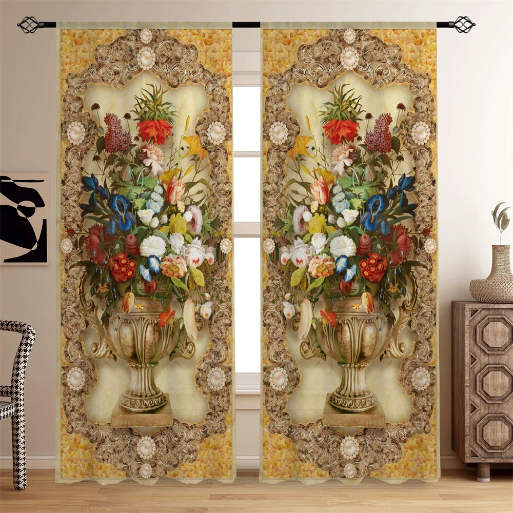 Luxury Oil Painting Style Gold Colorful Flower Printed Window Curtains for Girl Boy Kid Living Room Bedroom Decor 2Pieces Office