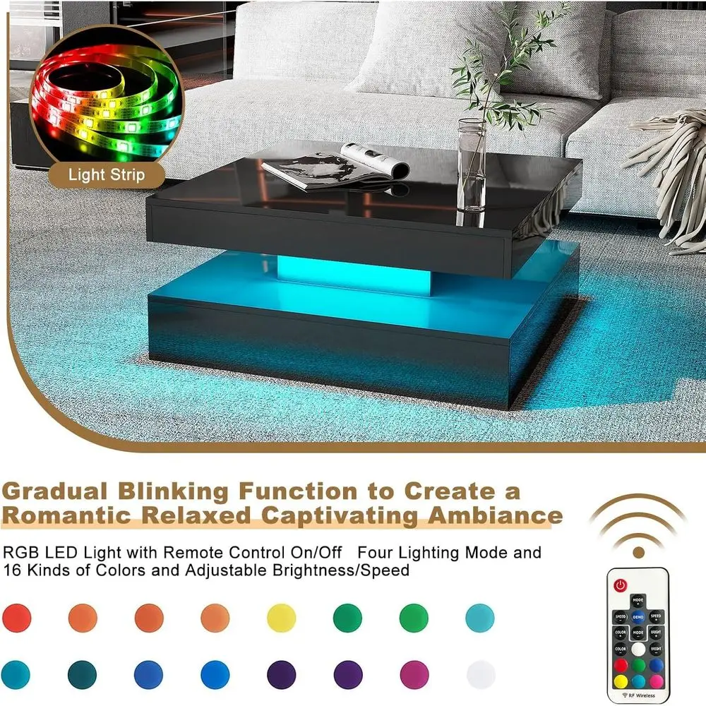 Contemporary 2-Tier Square LED Coffee Table with Storage for Living and Dining Rooms