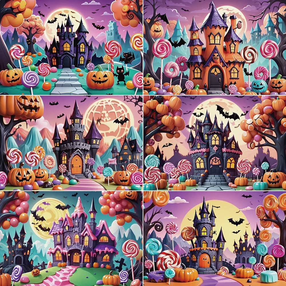 

MOON.QG Halloween House Decoration Photography Background Pumpkin Bat Candy Castle Photo Backdrops Child Party Studio Back Drop