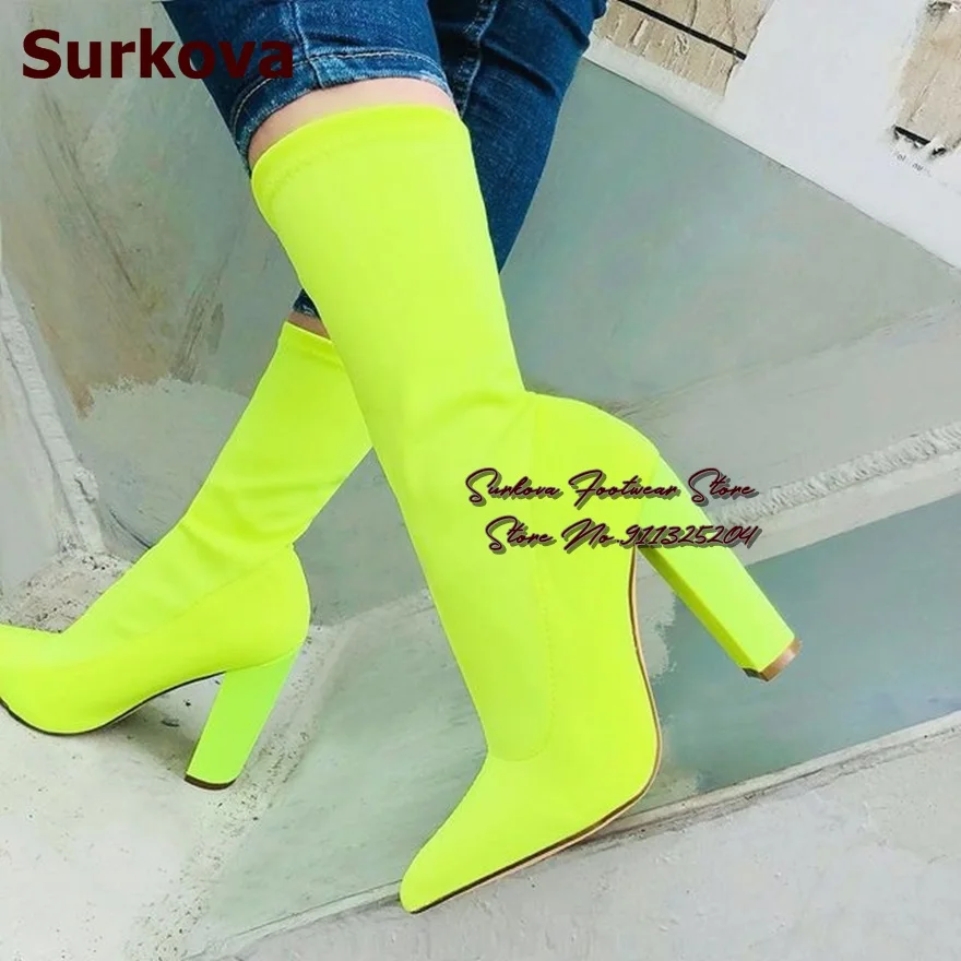 

Surkova Neon Yellow Elastic Lycra Mid-Calf Boots Chunky Heels Pointed Toe Middle Boots Stretchy Fabric Dress Shoes Size46