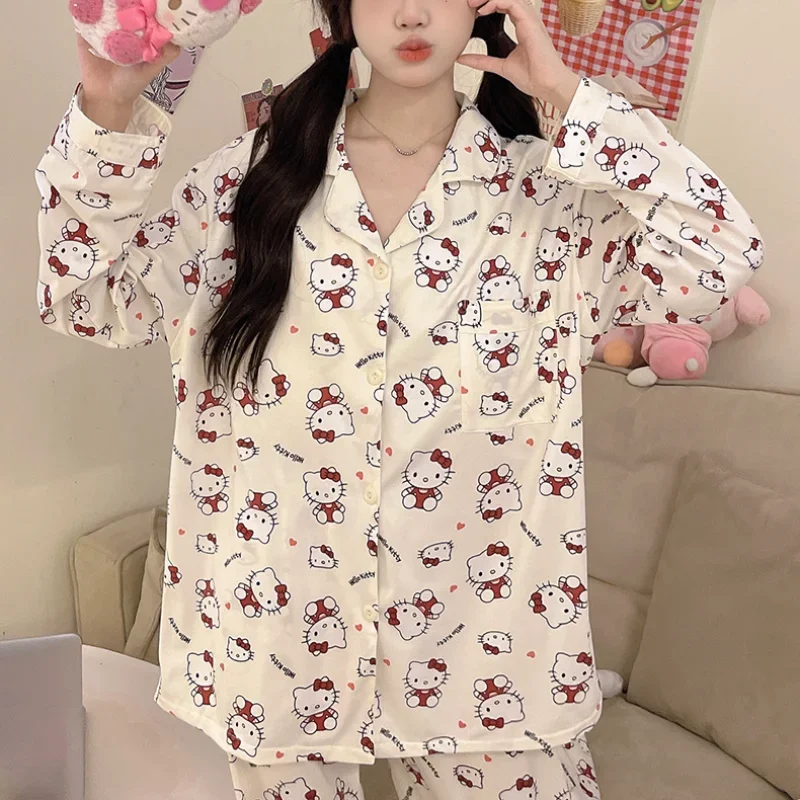 Cartoon Sanrio loungewear women's pajamas autumn cotton long-sleeved trousers casual two-piece set HelloKitty silk pajamas women