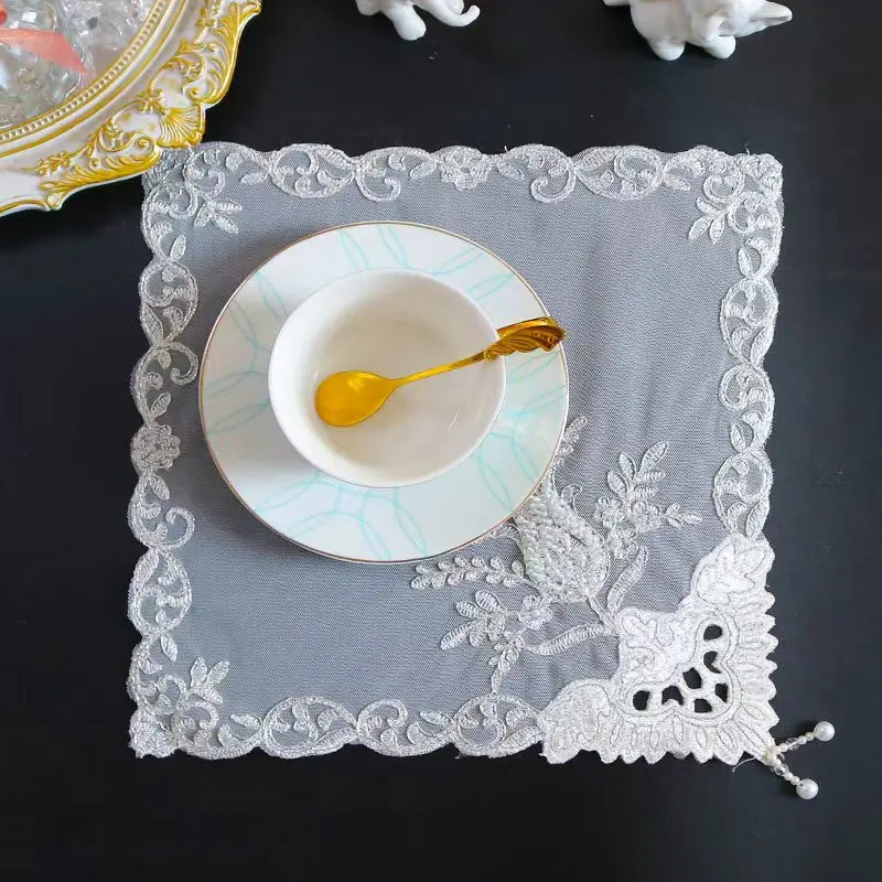 NEW White beads flowers Embroidery table cloth cover wedding tea tablecloth kitchen Christmas Table decoration and accessories