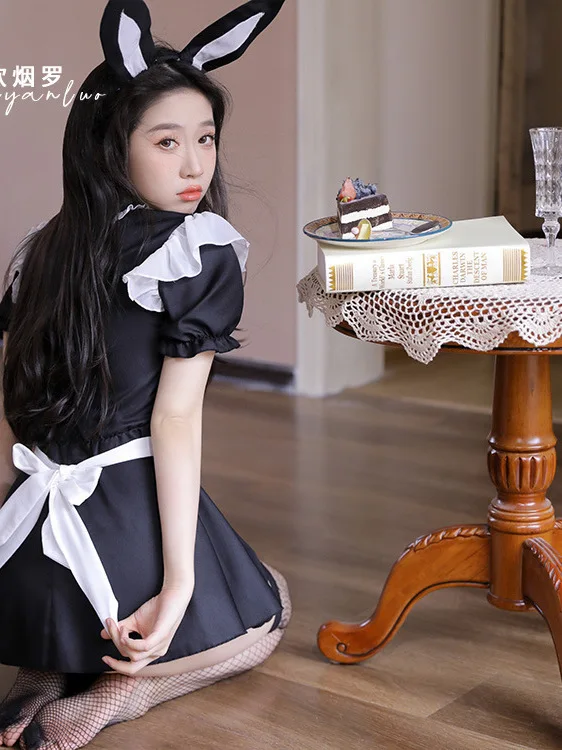 Apron Cute Maid Lolita Short Dress Elegant Short Sleeves Hollow Out Bowknot Black White Patchwork Slim Fit And Flare Dresses 09P