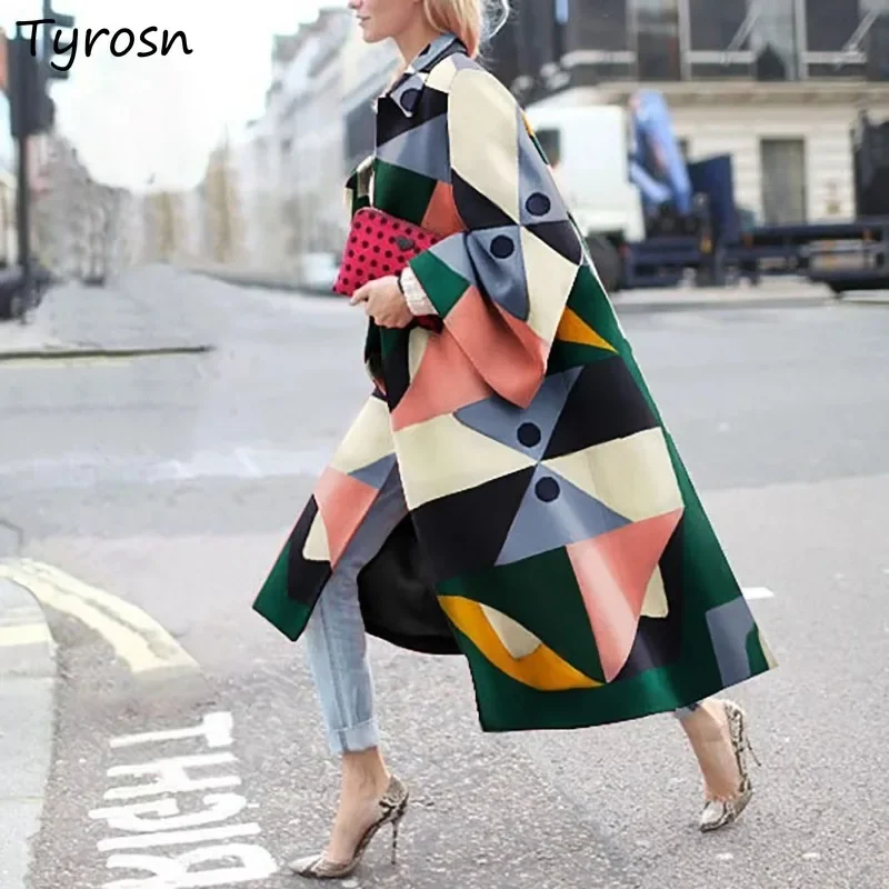 

X-Long Harajuku Print Trench Coat Women S-5XL American Streetwear Vintage Y2k Clothes Flare Sleeve Personal Windbreak Tradition