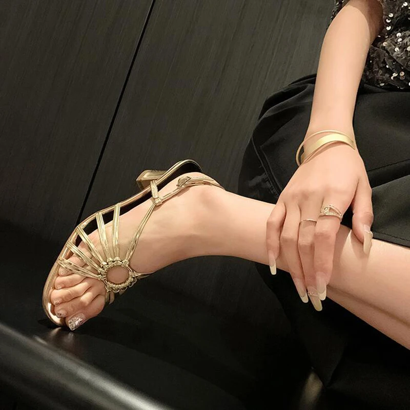 Gold Narrow Band Weave Hollow Out Women\'s Sandals 2024 Summer New Open Round Toe Chunky High Heel Gladiator Sandal Shoes Females