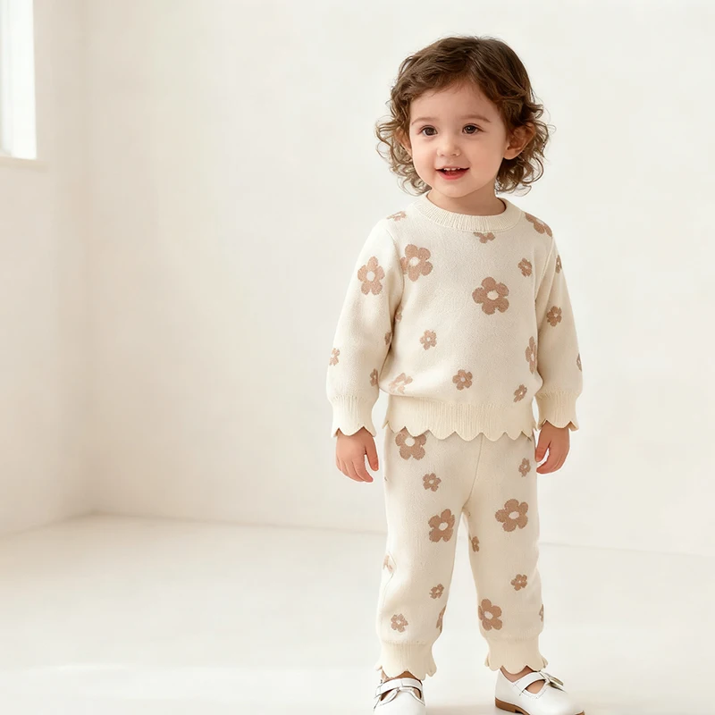 2026 ربيع جديد الوليد طفلة محبوك الملابس دعوى طويلة الأكمام محبوك بلوفر مطبوع قميص السراويل الأطفال الملابس مجموعة