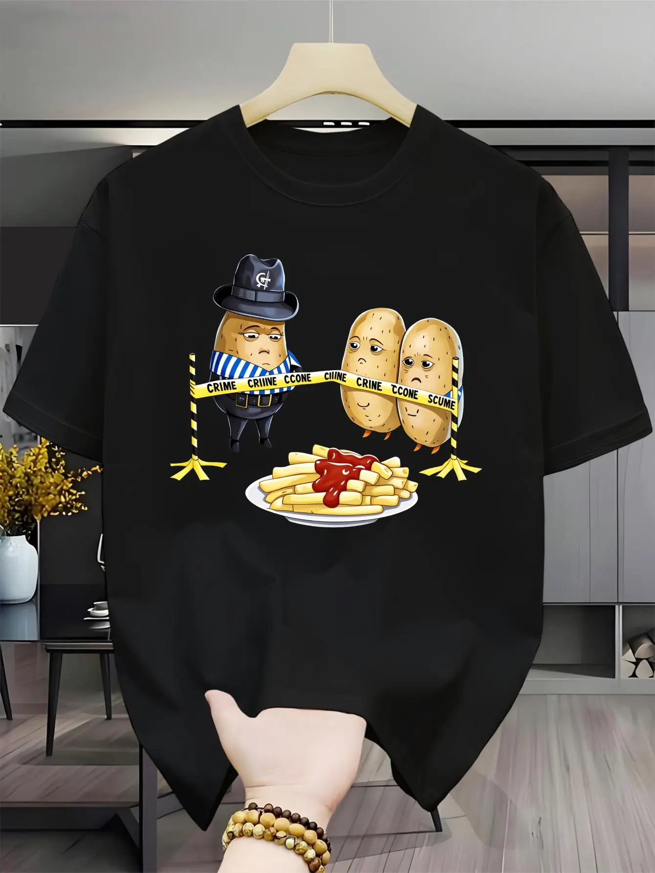 2026 New Casual Summer Men's Printed T-Shirt - Solid Color Classic Men's Fashion Casual Trendy Adult Printed T-Shirt - Potato Detective Crime Scene Fries Men's Casual Short-Sleeve Round Neck T-Shirt - Outdoor Short-Sleeve Breathable Casual T-Shirt, Plus Size