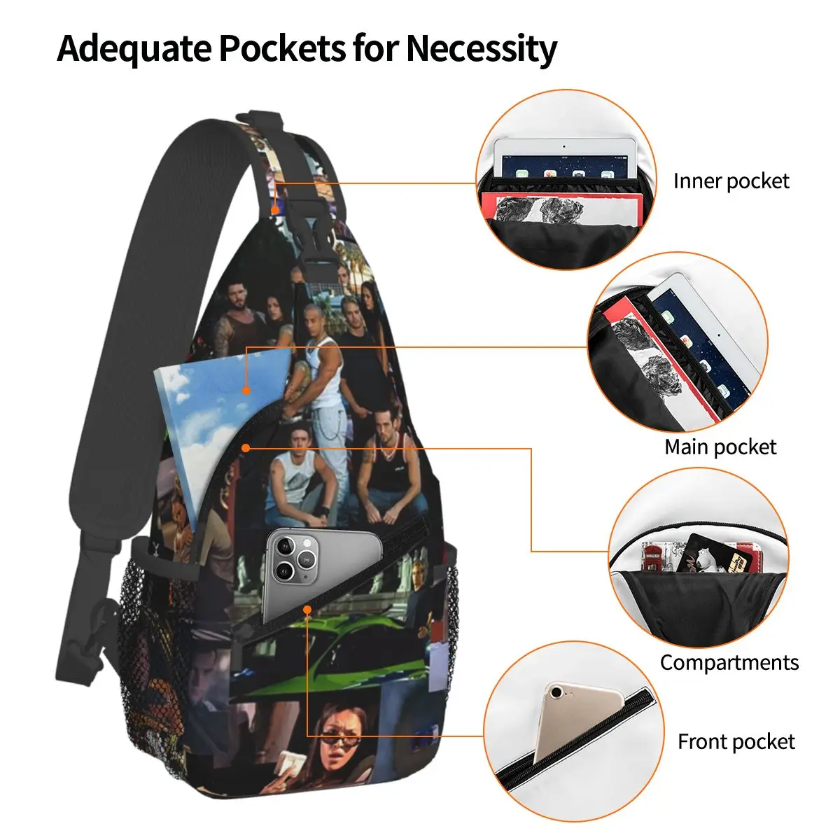 Fast And Furious Collage Chest Bag Men Sling Crossbody Backpack Chest Bag Traveling Hiking Daypack Shoulder Bag