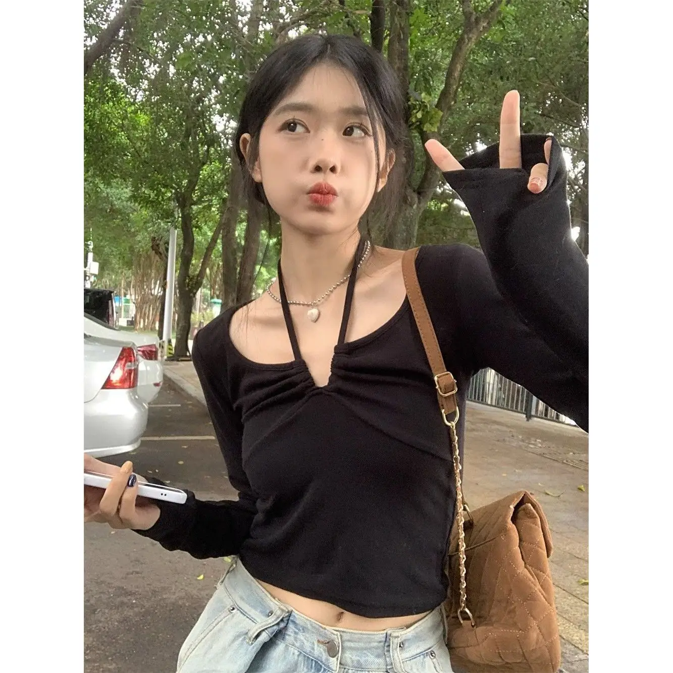 Double-Sided Velvet Long Sleeve V-Neck T-Shirt Women's Autumn Base Shirt Slim Fit Short Style Sexy Hang Neck Top