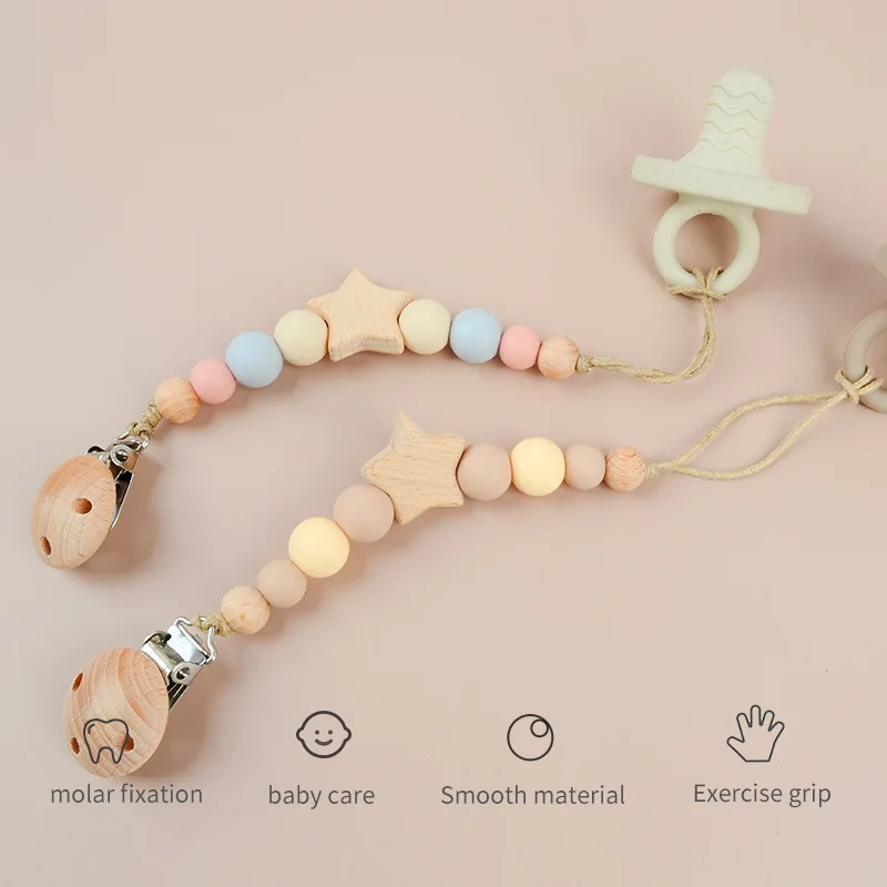 

Baby Pacifier Clip Style Pacifier Holder Beech Wood Star Chewable Beads Teether & Anti-Drop Pacifier Chain for Soothing Babies