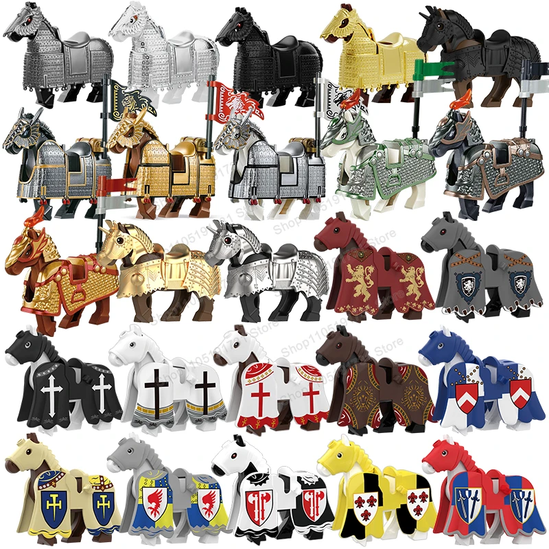 

MOC Средневековый солдат, рыцарь, боевая лошадь, коллекция строительных блоков, замок, тяжелые бронированные аксессуары для животных, игрушки для крепления, подарки для детей