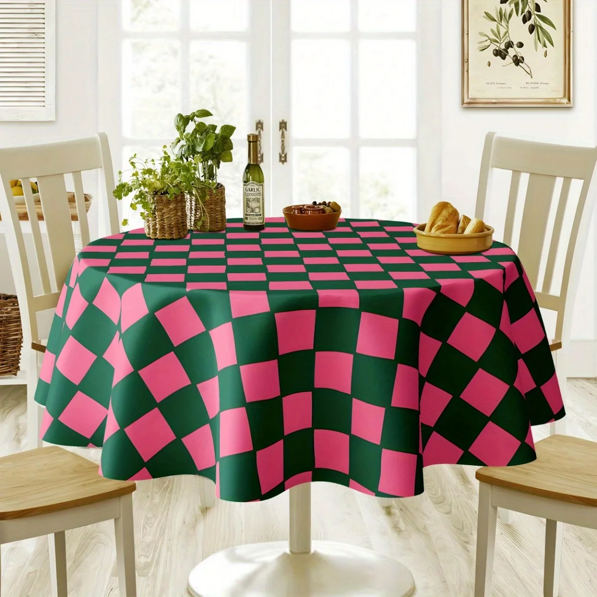 2D flat tablecloth 1 piece - Colored checkered tablecloth - Circular polyester material, bright pinkzyc