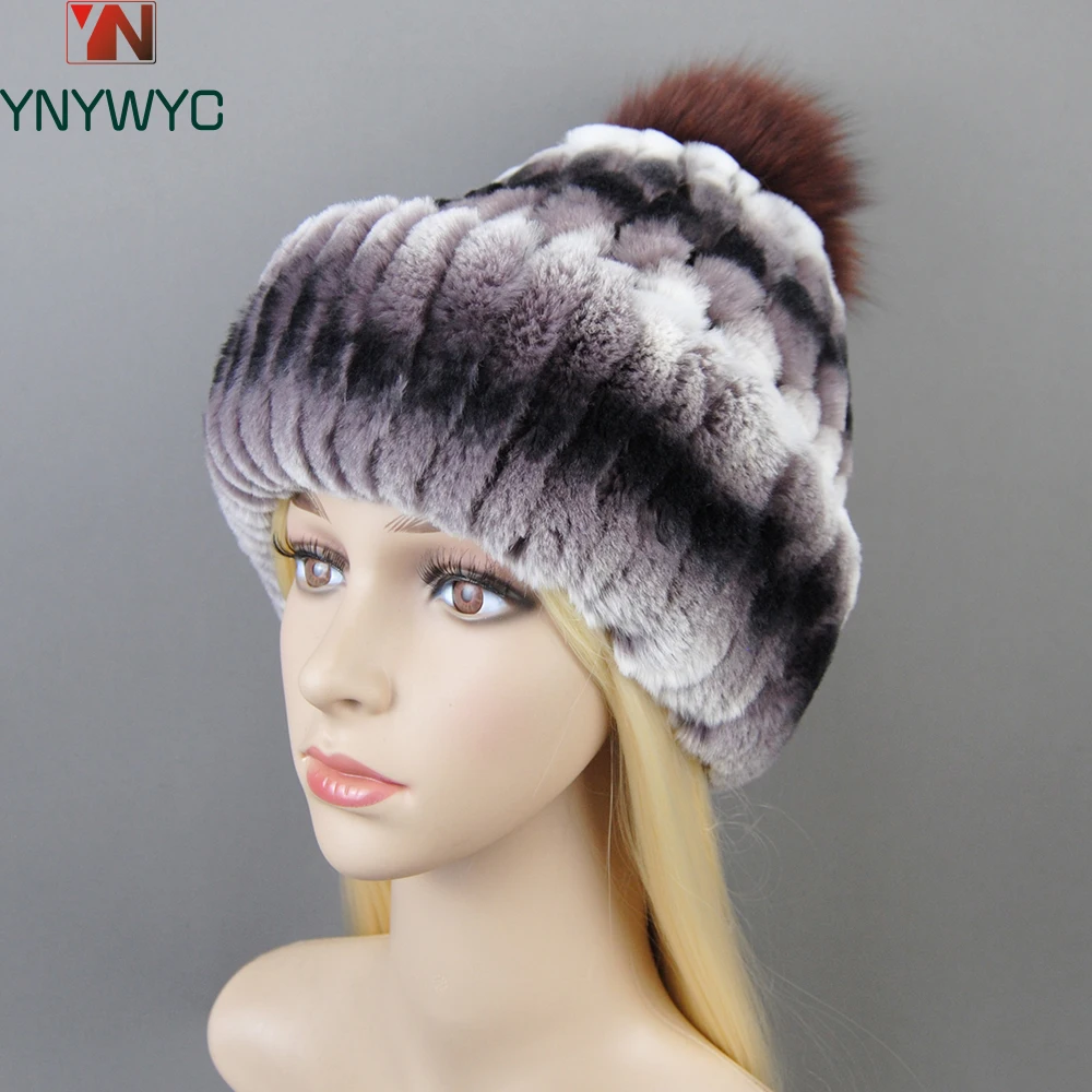 New Winter Warm Real Rex Rabbit Fur Hats Beanies 100% Natural Fur Caps Fashion Knitted Genuine Fur Hat With Silver Fox Fur Ball