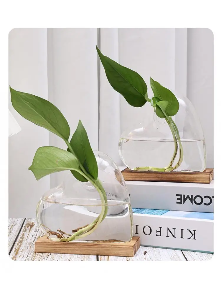 

Glass Decorative Vase Nordic Wooden Art Hydroponic Vase Flower Pot Green Rose Opening Heart-shaped Vase Desktop Decoration