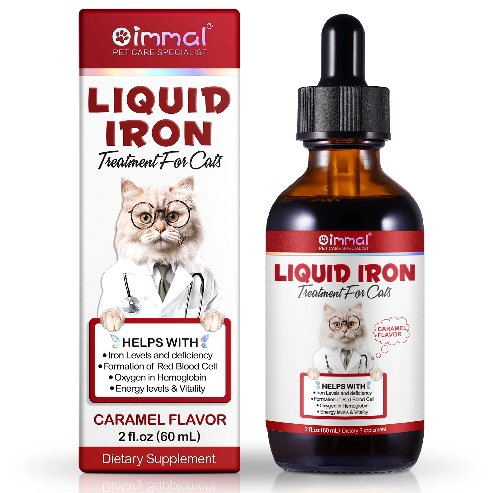 Liquid Iron Caramel Flavor Treatment for Cats Helps with Iron Levels Deficiency Formation of Red Blood Cell Oxygen in Hemoglobin