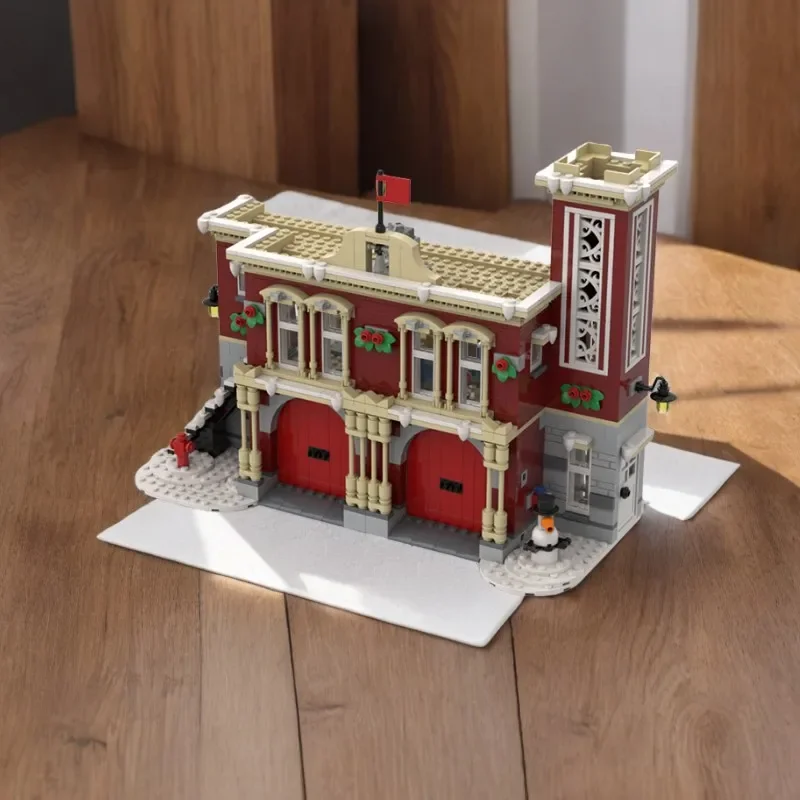 

1134 шт. MOC строительные блоки, развивающая игрушка, большая зимняя пожарная станция, сделай сам, креативный строительный подарок для детей, Рождество