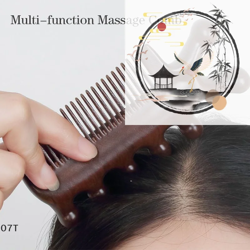 Peine de masaje meridiano 3 en 1, peine de cabeza de punta de madera sin mango de cinco dientes, peine de sándalo de dientes anchos, peine de cabeza de masaje