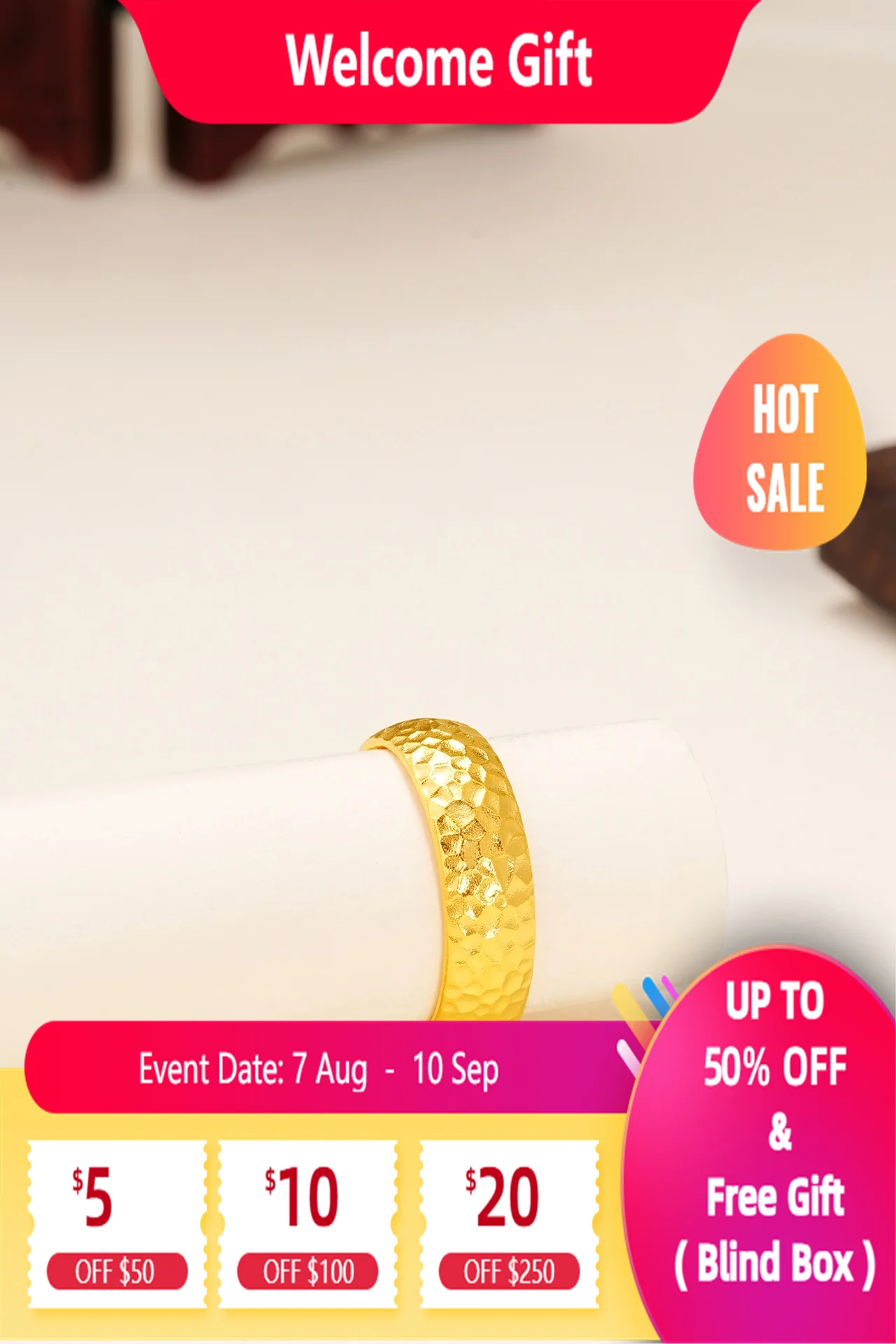 

Lium Gems 24k Gold vermeil Hammer Textured Band Ring 6.1mm Comfort Fit Ring 925 silver open adjustable ring for Women and Men