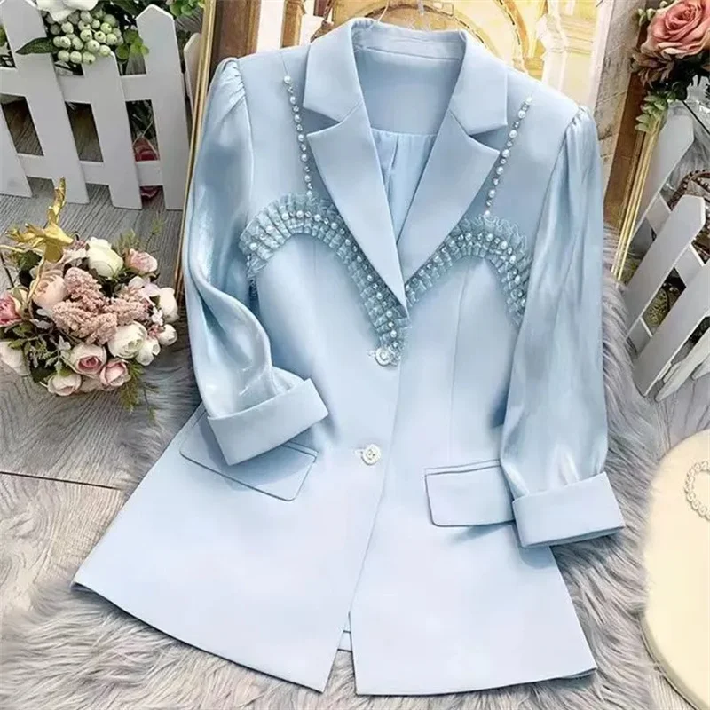 Suit Jacket Women\'s Spring/Summer 2024 New Heavy Industry Beaded Pleated Jackets Outwear Fashion Cropped Sleeve Blazer Coat