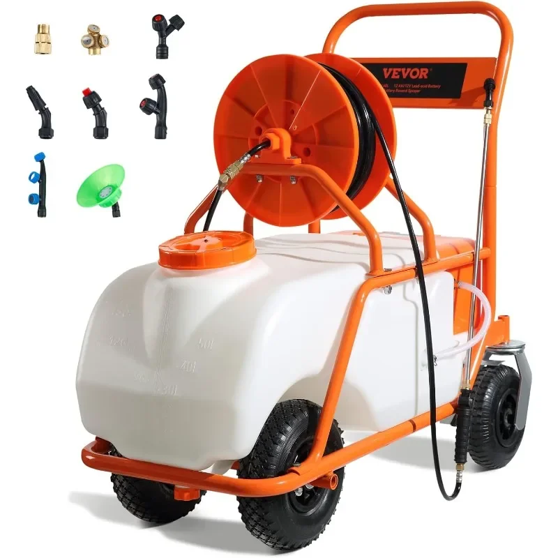 Battery Powered 15 Gallon Garden Weed Sprayer with Wheeled Cart, 126FT Hose with Reel, 8 Nozzles, 2 Wands