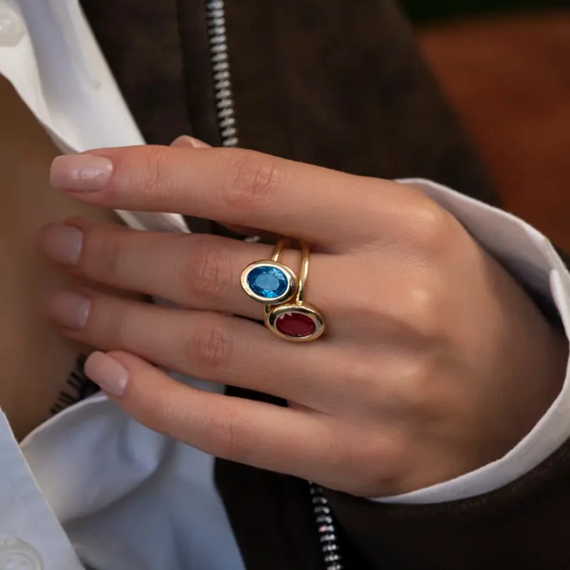 Vintage Luxury Blue /Red Crystal Geometry Oval Rings  for Women Fashion Accessories Personalized Party Jewelry Daily Wear Gifts