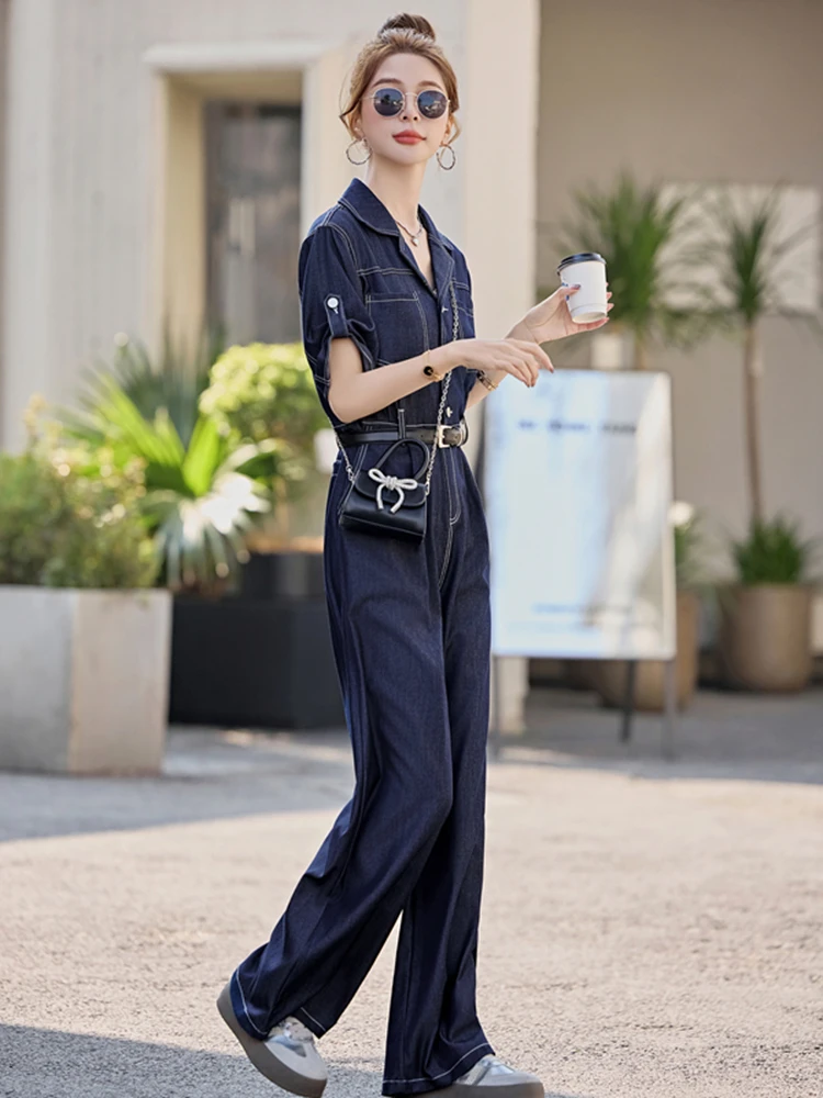Letni kombinezon dżinsowy z szerokimi nogawkami, damski, modny, z wysokim stanem, wyszczuplający, prosty krój, lekki poliester.