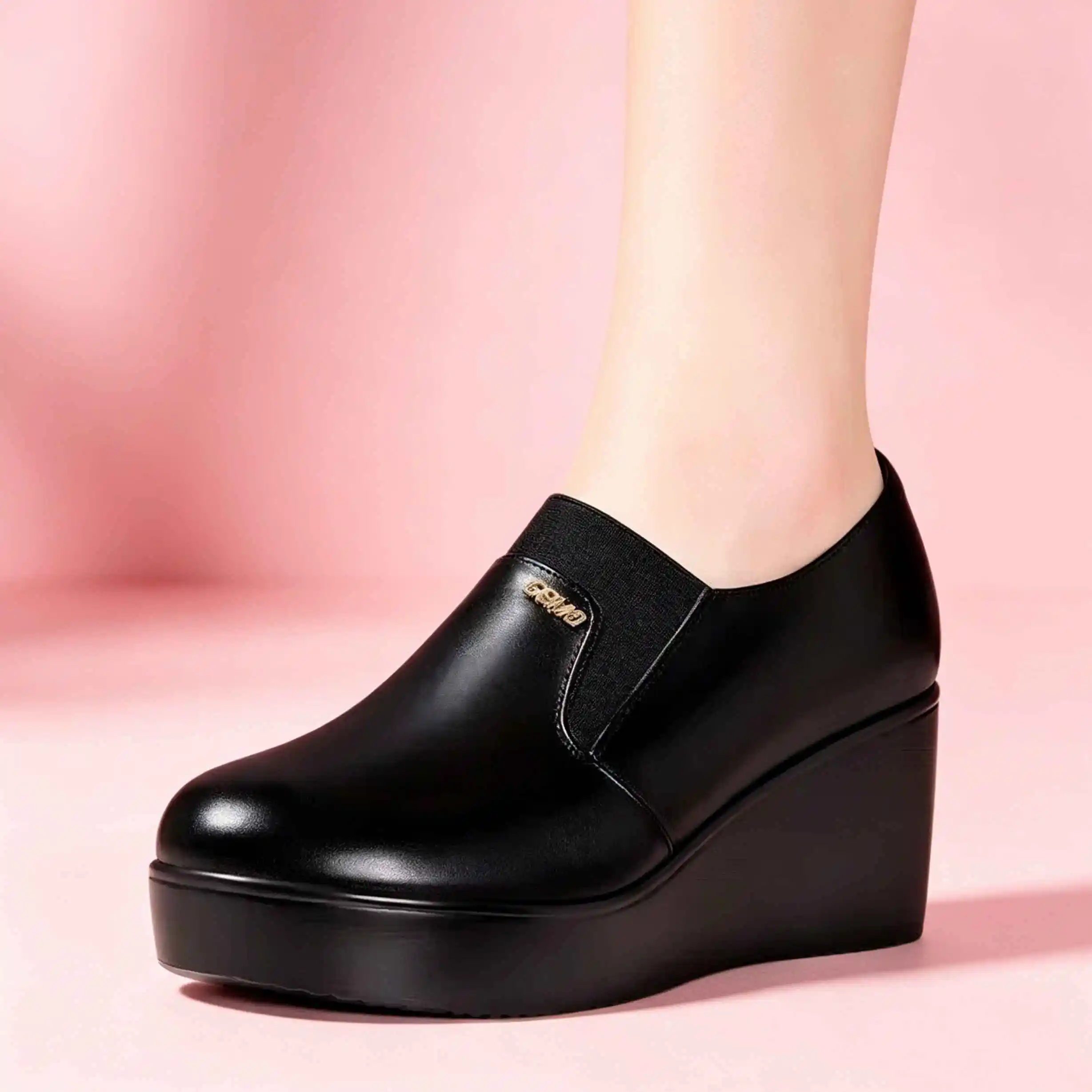 6cm Small Size 33-43 New Fashion Deep Mouth Med Block Heels Shoes with Fur Fall 2026 Black Soft Leather Wedges Shoes Office Mom
