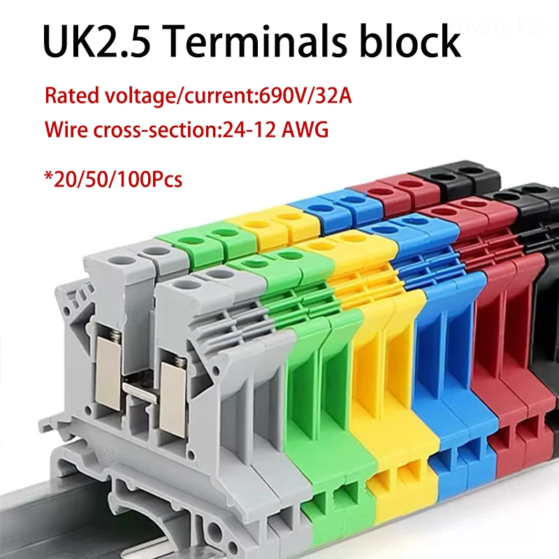 20/50/100Pcs UK 2.5 Terminal Block UK2.5B Screw Connection Connect Strip 2.5B 2.5mm² Cable Electrical Din Rail Wire Connector