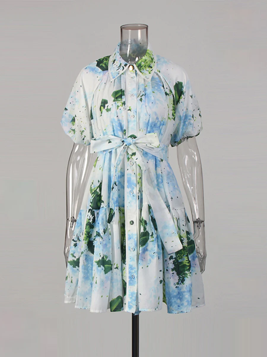 CHICEVER Hit couleur épissé à lacets Chic robe femme revers manches courtes ample vacances voyage femmes robes été mode nouveau