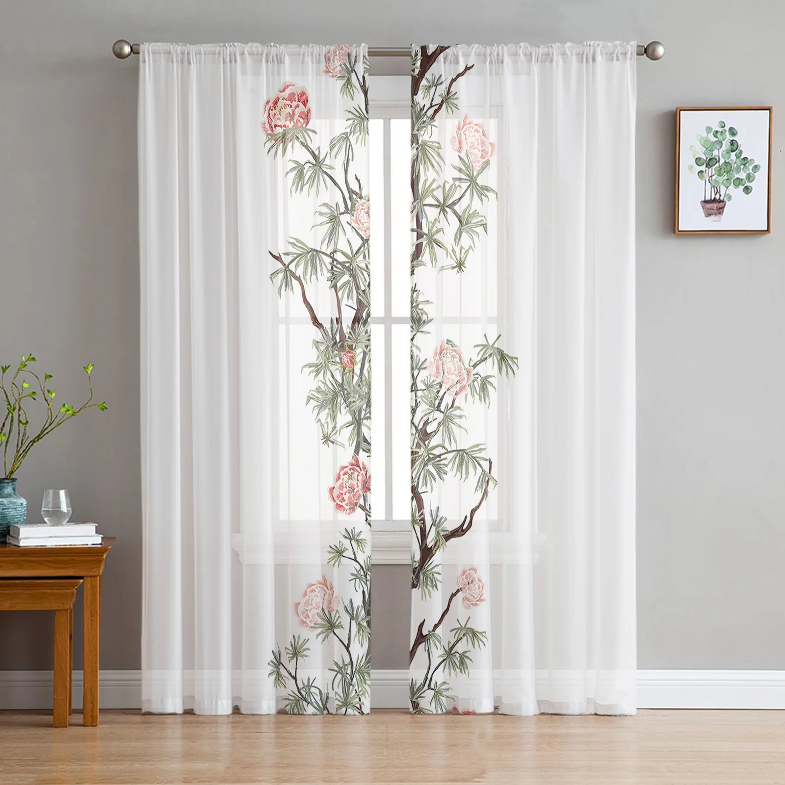 Summer Flowers Leaves Vines Sheer Window Curtains for Living Room Kitchen Children Bedroom Voile Hanging Curtain