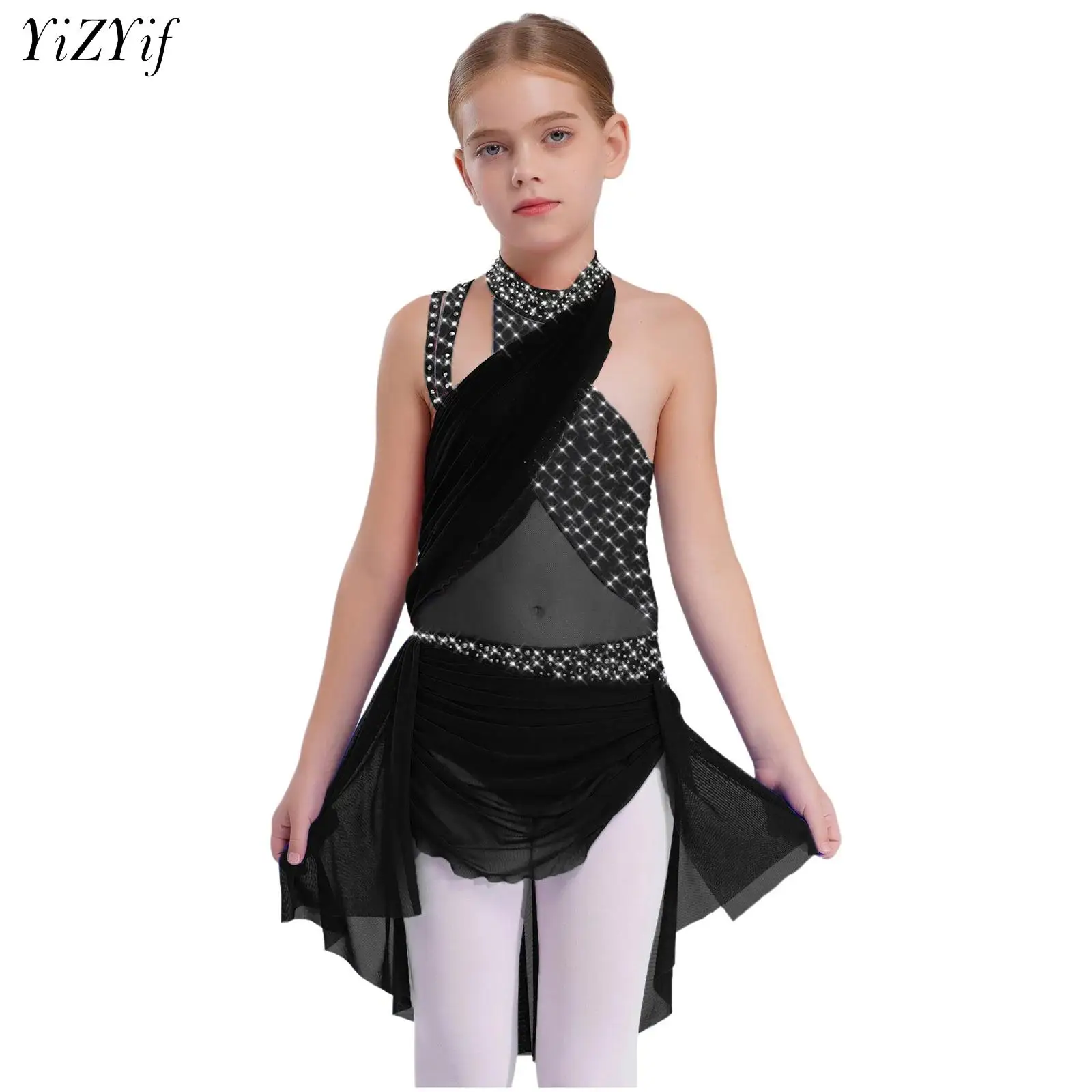 

Kids Girls Gymnastics Figure Skating Dress Sleeveless Rhinestone Sheer Mesh Tutu Ballroom Ballet Dance Stage Competition Costume