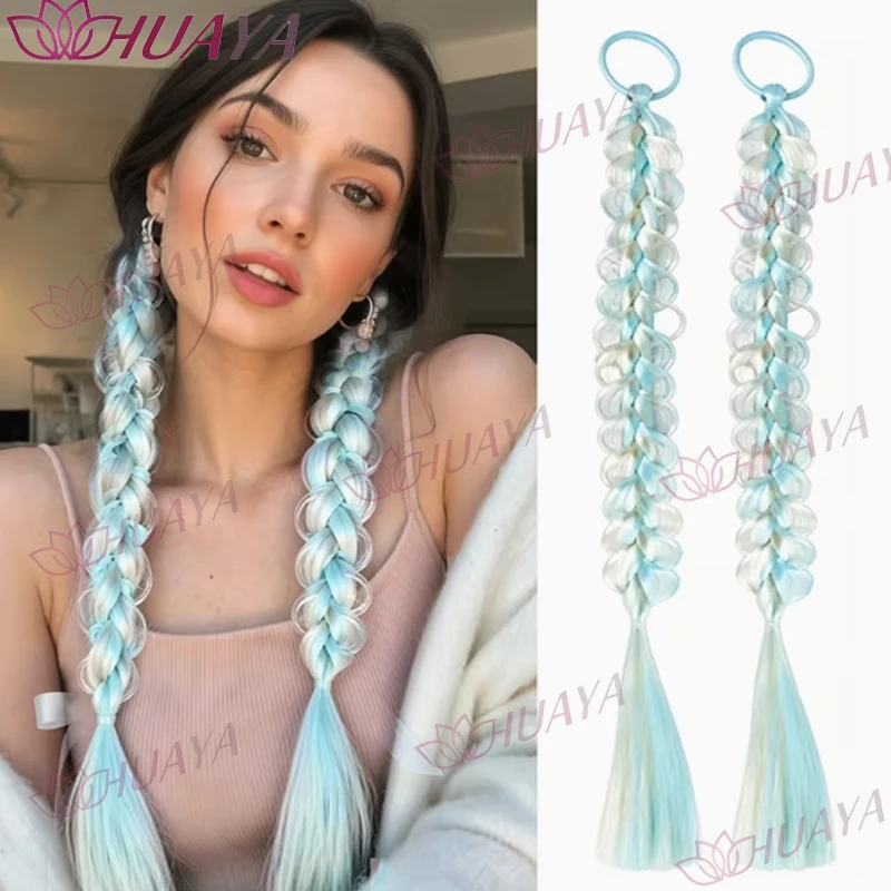 Women’s Synthetic Ombre Bubble Braid Ponytail Hair Extensions, Colorful Double Braids for Y2K, Festival & Party Looks