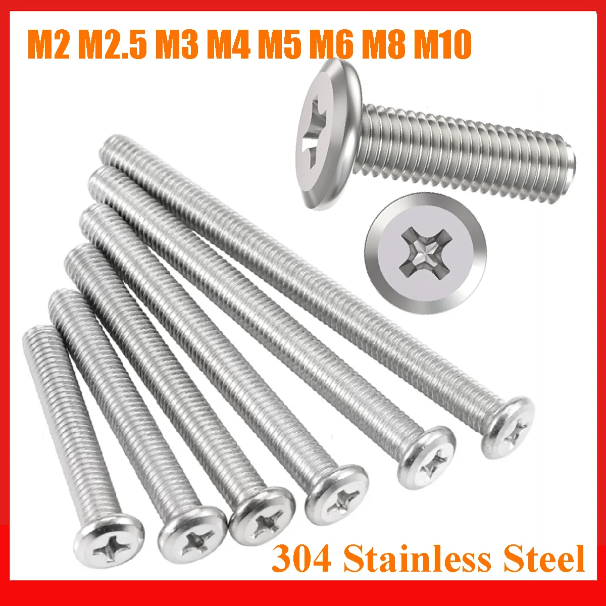 M2 M2.5 M3 M4 M5 M6 M8 M10 304 Stainless Steel Phillips Chamfered Large Flat Head Screw Furniture Connecting Bolts Joint