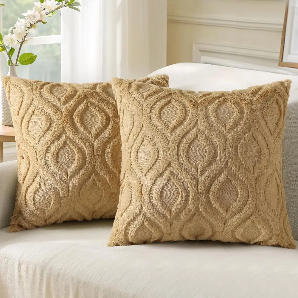 

Throw Pillow Covers 18X18 H Set Of 2, Soft Plush Faux Wool Khaki Couch Pillow Covers, Spring Solid Dyed Accent Pillow Cases For