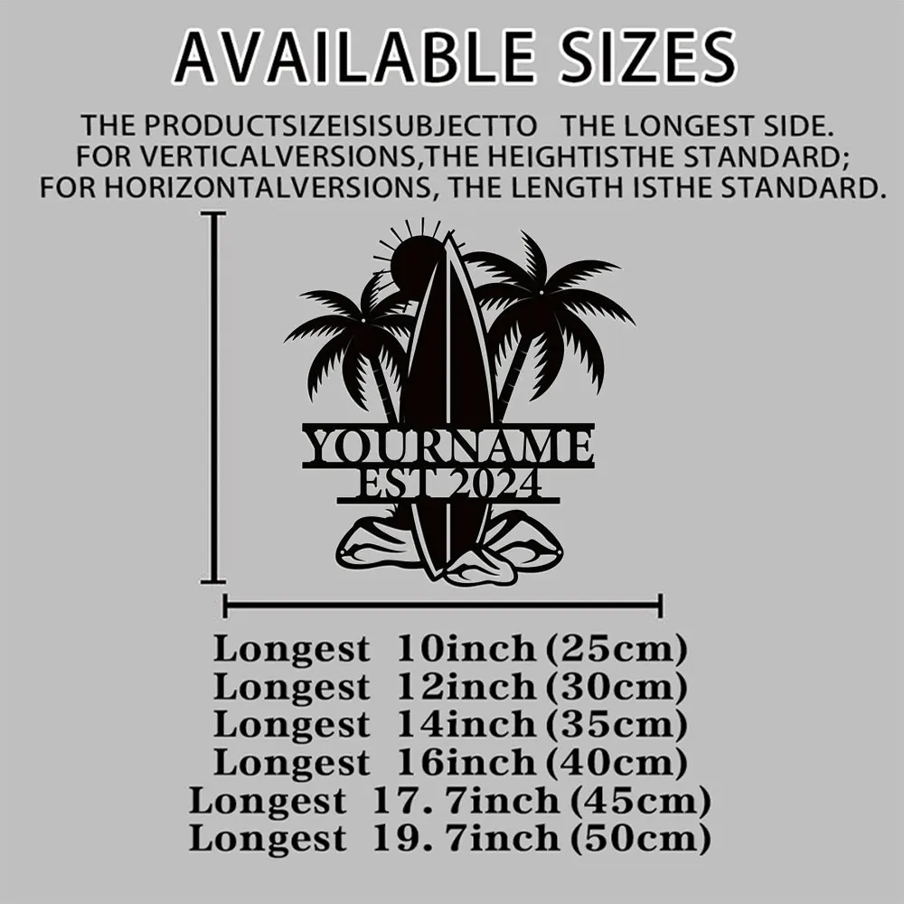 Customized Universal Surfboard Name Metal Plaque Black Metal Wall Art Decor Outdoor Home Wall Decorations Personalized Engraving view 2