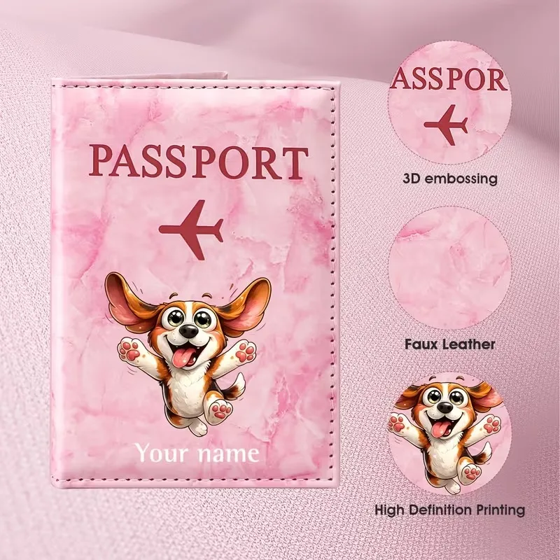 Custom Name Cartoon Dog Illustration Passport Case, Cute Corgi Design with Fun Gesture Elements, Durable Material for Passport